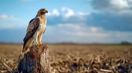 Hawk perched on a tree stump in an open field under a partly cloudy sky, scanning the surroundings.