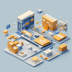 Obraz premium Abstract digital illustration of modern business workspace with geometric shapes and vibrant colors in a minimalistic style