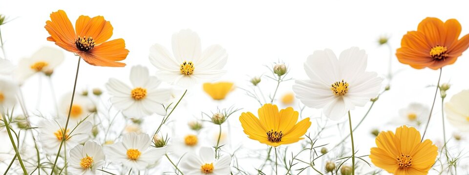 A vibrant field of colorful cosmos flowers in full bloom, showcasing a blend of orange, yellow, and white petals against a clean background