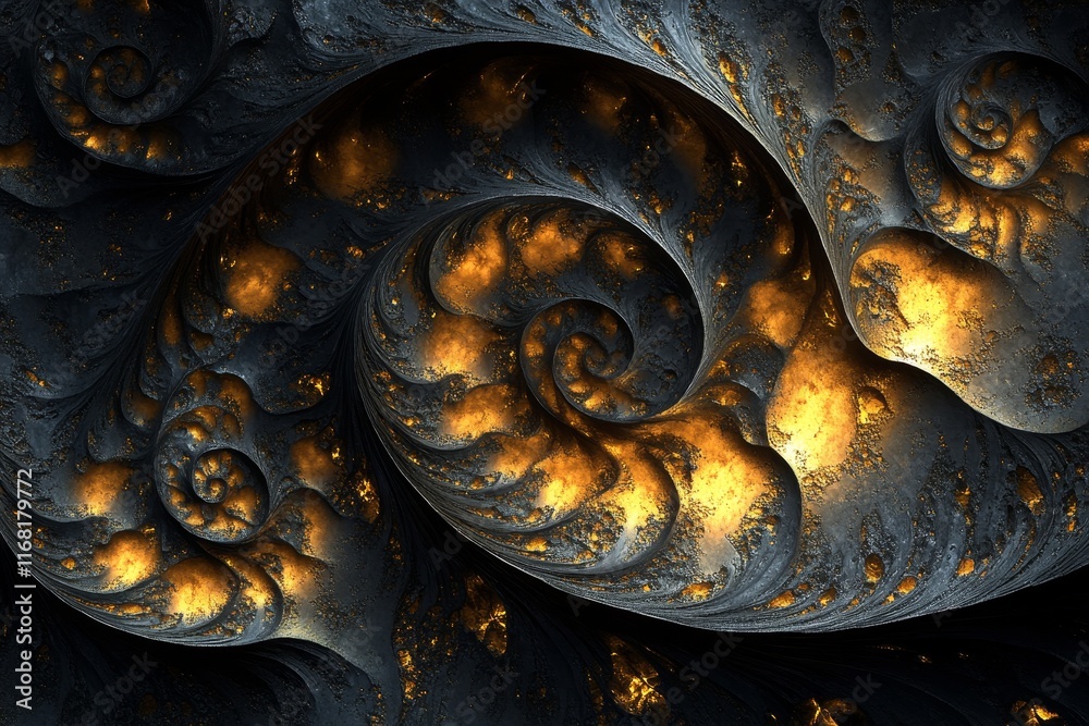 Aufkleber abstract swirling fractal art with dark grey and gold patterns.
