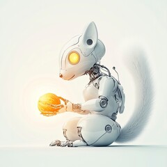 A futuristic robot animal cradling a glowing sphere in a serene, minimalist setting, exploring themes of technology and emotion