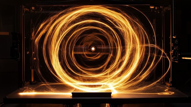 A glowing trail of charged particles spiraling in a cyclotron, captured in stunning clarity.