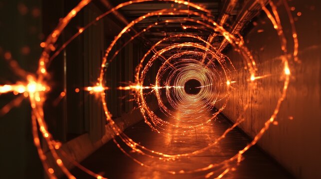 A glowing trail of charged particles spiraling in a cyclotron, captured in stunning clarity. - Powered by Adobe