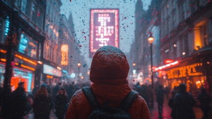 Fototapeta premium Person in snowy cityscape surrounded by vibrant lights and crowds