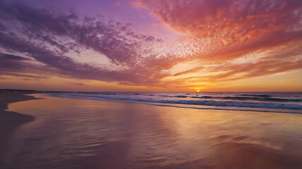 Obraz premium Panoramic view of the serene beach horizon. The vibrant colors of the sunset paint the sky in stunning oranges, pinks and purples. Create the perfect scene for a postcard.