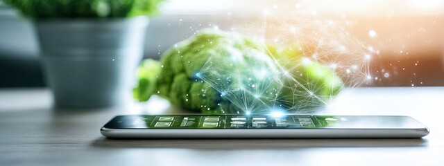 Smartphone technology showcasing health applications with fresh vegetables in a modern kitchen setting.