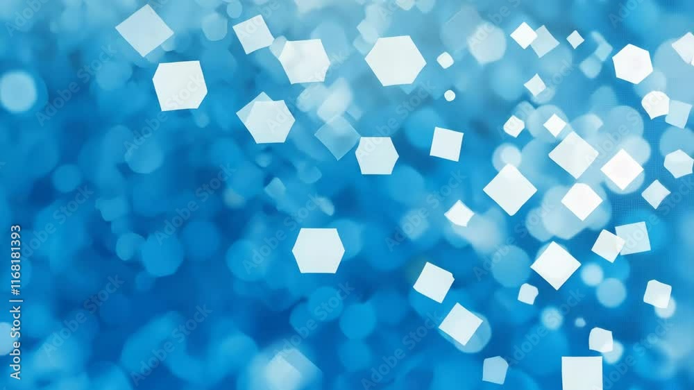 Poster blue abstract background with floating geometric shapes and soft bokeh effect