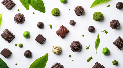 Exquisite Gourmet Chocolates and Pralines with Matcha Delights on a White Background.