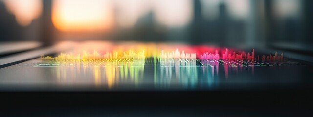 Vibrant music soundwave visualization overlaid on a sleek digital tablet in a modern urban setting at sunset