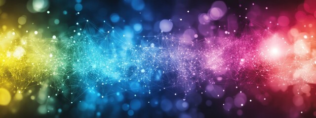 Naklejka premium Colorful abstract digital background with connecting dots and lines creating a cosmic network of lights and shapes