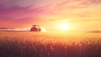 Tractor working golden field sunset landscape