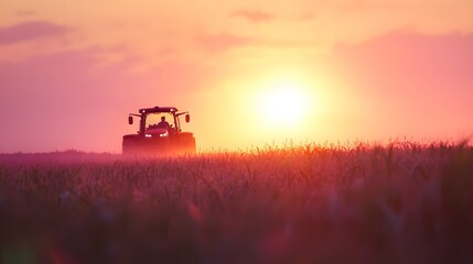Fototapeta premium Tractor Silhouette at Sunset Over a Field of Crops