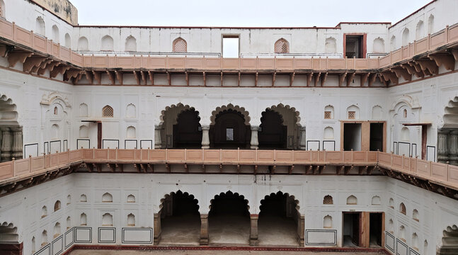 The historic courtyard of Alwar Fort showcasing intricate arches and a beautifully aged stone floor, reflecting architectural heritage and timeless elegance.