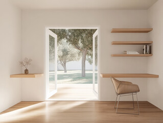 Fototapeta premium Stylish modern workspace with open doorway and natural light in serene setting