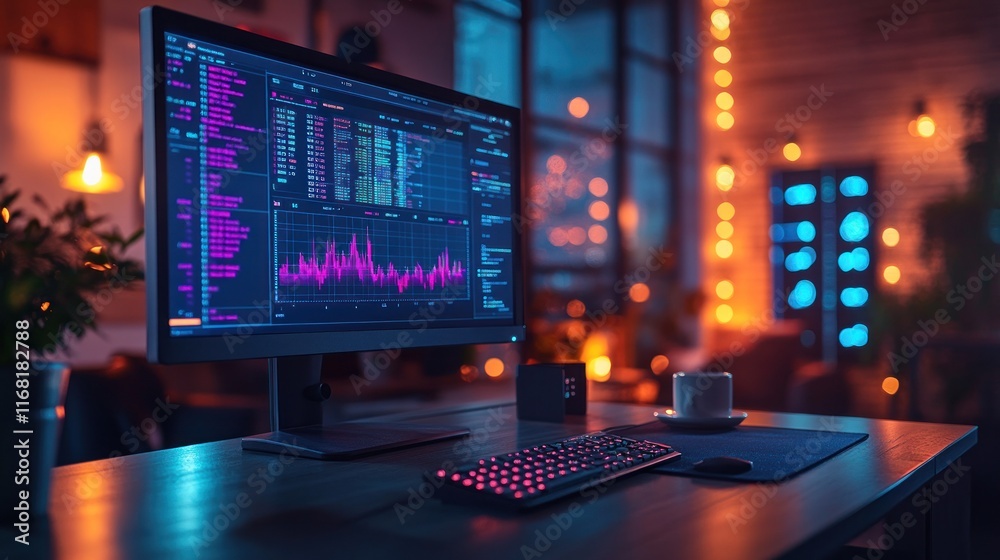 Poster modern workspace with computer displaying data analysis and coffee cup