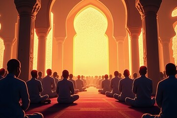 Serene Islamic Prayer Hall: Men in Blue Prayer Attire Meditating in Peaceful Mosque Setting, Ideal for Spiritual and Cultural Artwork.