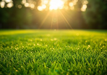 Naklejka premium A close-up of lush green grass bathed in warm sunlight evokes a sense of peace and tranquility in a beautiful outdoor setting