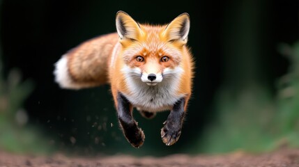 Fototapeta premium A red fox leaping through the air in a natural setting.