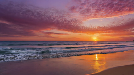 Panoramic view of the serene beach horizon. The vibrant colors of the sunset paint the sky in stunning oranges, pinks and purples. Create the perfect scene for a postcard.