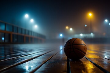 Lone basketball on a wet, foggy night boardwalk under city lights.