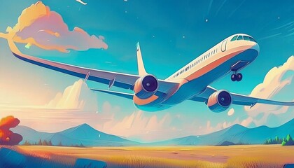 Naklejka premium Panoramic Background with flying plane in blue sky