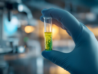 A hand in a glove holds a test tube containing a vibrant green liquid, suggesting experimentation in a laboratory setting.