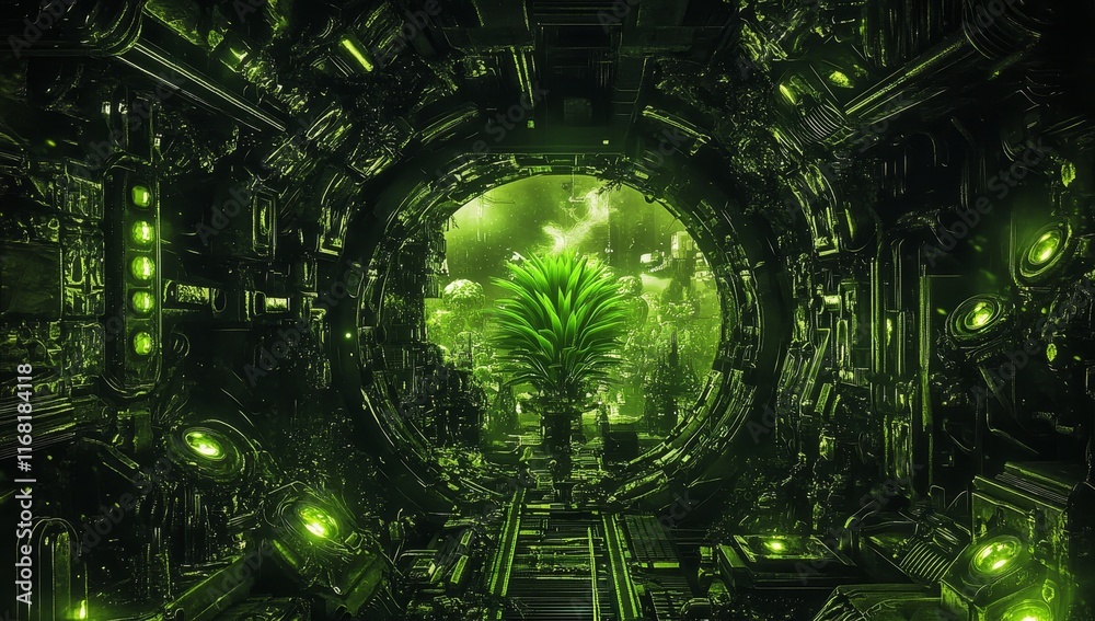 Canvas Prints Futuristic green portal with pineapple plant.