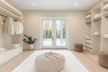 Fototapeta premium Modern minimalist dressing room with natural light and stylish decor