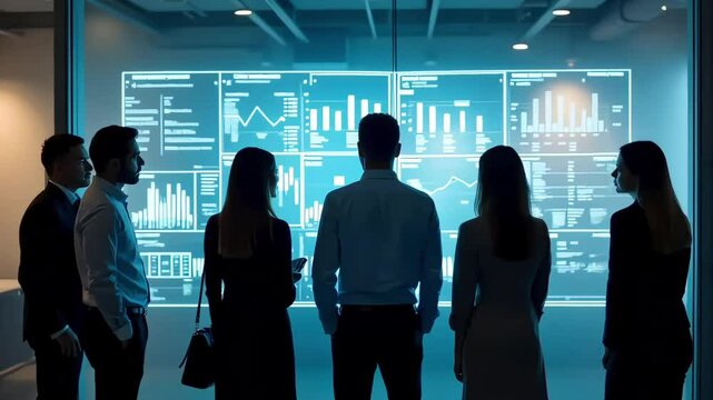 Team discussing data on a futuristic display screen, symbolizing innovation and collaboration, ideal for corporate branding.