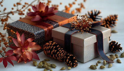 Elegant Gift Boxes with Festive Decorations, 3D Render