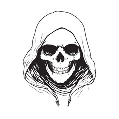 Hooded grim reaper skull black and white hand drawn grim reaper illustration isolated on white background.