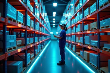 Efficient Warehouse Management: A Worker in Blue Uniform Using a Tablet to Monitor Inventory in a Large, Organized Storage Facility.