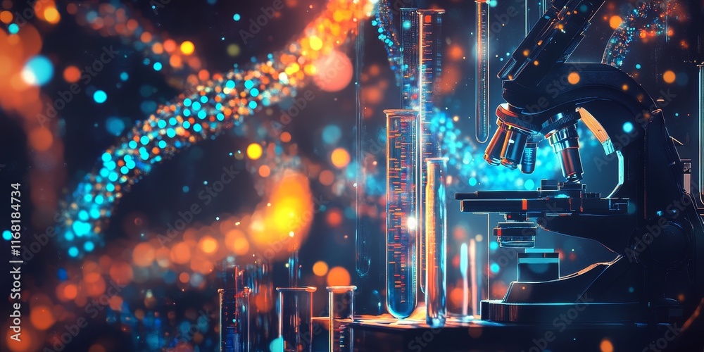 Poster microscopic view of dna strand with lab equipment.