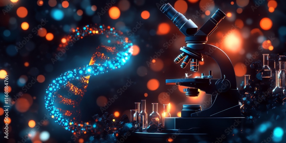 Poster DNA helix and microscope in lab setting.