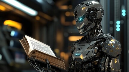 A futuristic robot with large golden eyes and complex mechanics reads a book in a library It