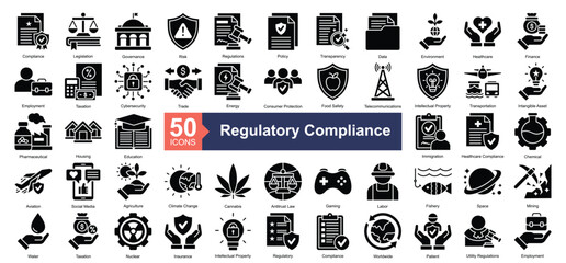 Regulatory Compliance Icon Collection Set.Containing compliance, legislation, governance, risk, policy icon. Simple glyph style Vector Illustration.