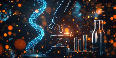 Microscopic DNA analysis with lab equipment.