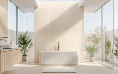 Fototapeta premium Modern minimalist bathroom design with natural light and greenery