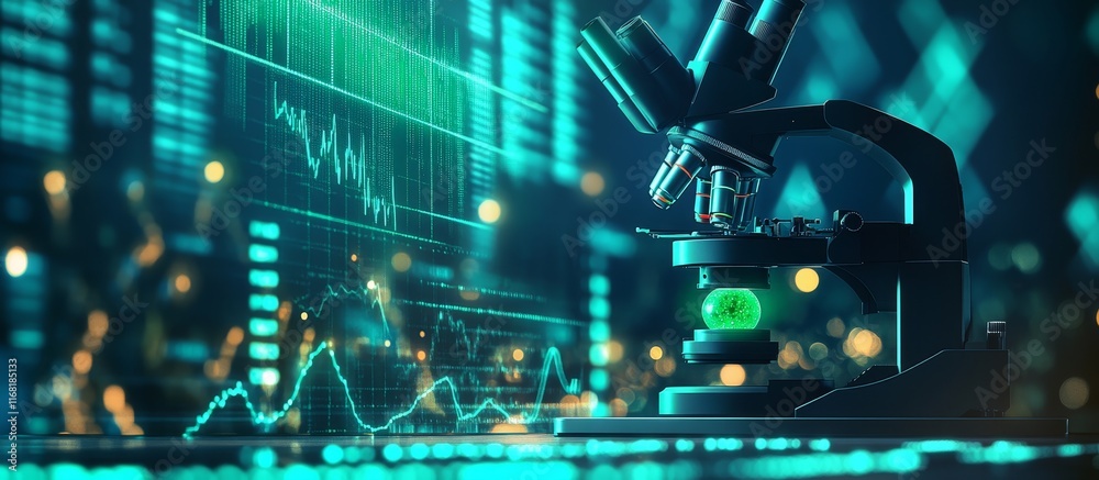 Poster Microscope with glowing sample and financial data charts.