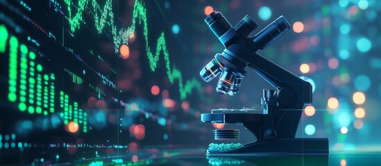 Microscope against stock market graph background.