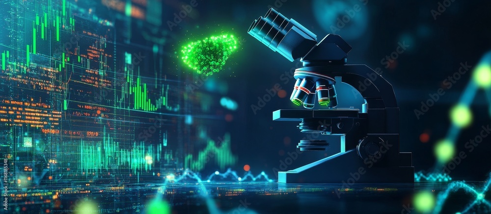 Poster Microscope analyzing green virus particle against digital data background.