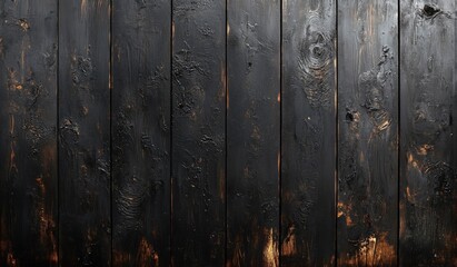 Fototapeta premium Dark brown wooden planks with visible wood grain and charred edges