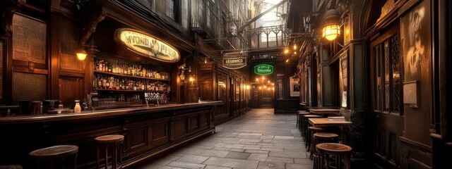 Picturesque vintage pub interior featuring rustic wooden bar, illuminated by warm lights in a narrow alleyway.