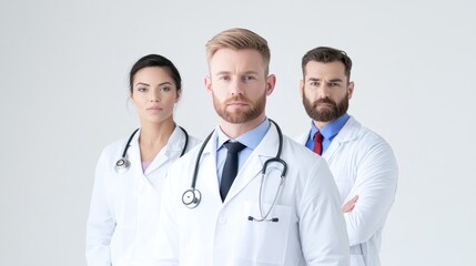 Fototapeta premium Three medical professionals in white coats with stethoscopes.