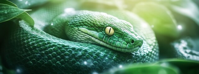 Obraz premium A close-up view of a vibrant green snake resting among lush foliage, showcasing its intricate scales and captivating eyes in a serene natural setting.