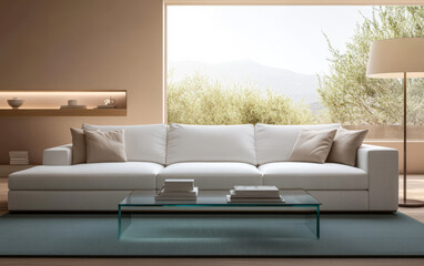 Modern living room design with stylish sofa and natural light in a serene setting