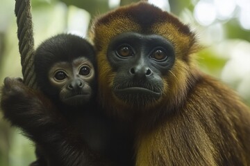 Obraz premium Close-up of a mother and baby monkey.