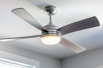Modern ceiling fan with five sleek blades and integrated light feature installed in a contemporary interior space, enhancing comfort and style in home decor.