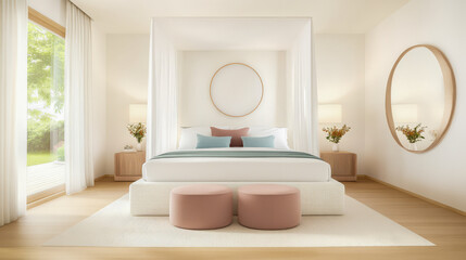 Fototapeta premium Modern bedroom with canopy bed and natural light enhancing a serene atmosphere