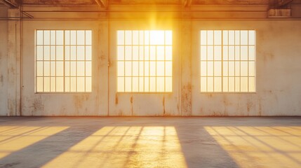 Sunlit industrial interior with three large windows, grunge walls, and concrete floor casting shadows.